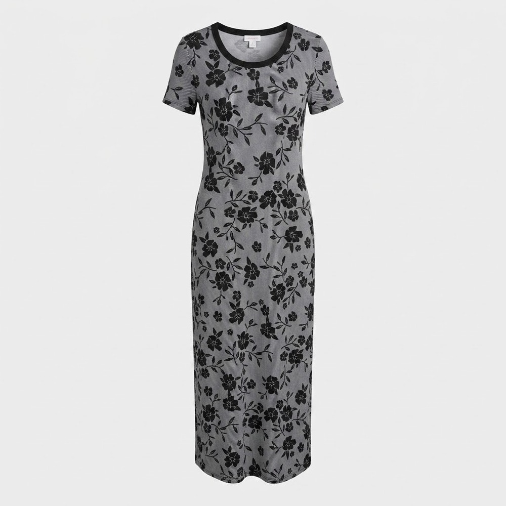 LuLaRoe XXS Maria Grey Striped Black Floral Short Sleeve Maxi Dress